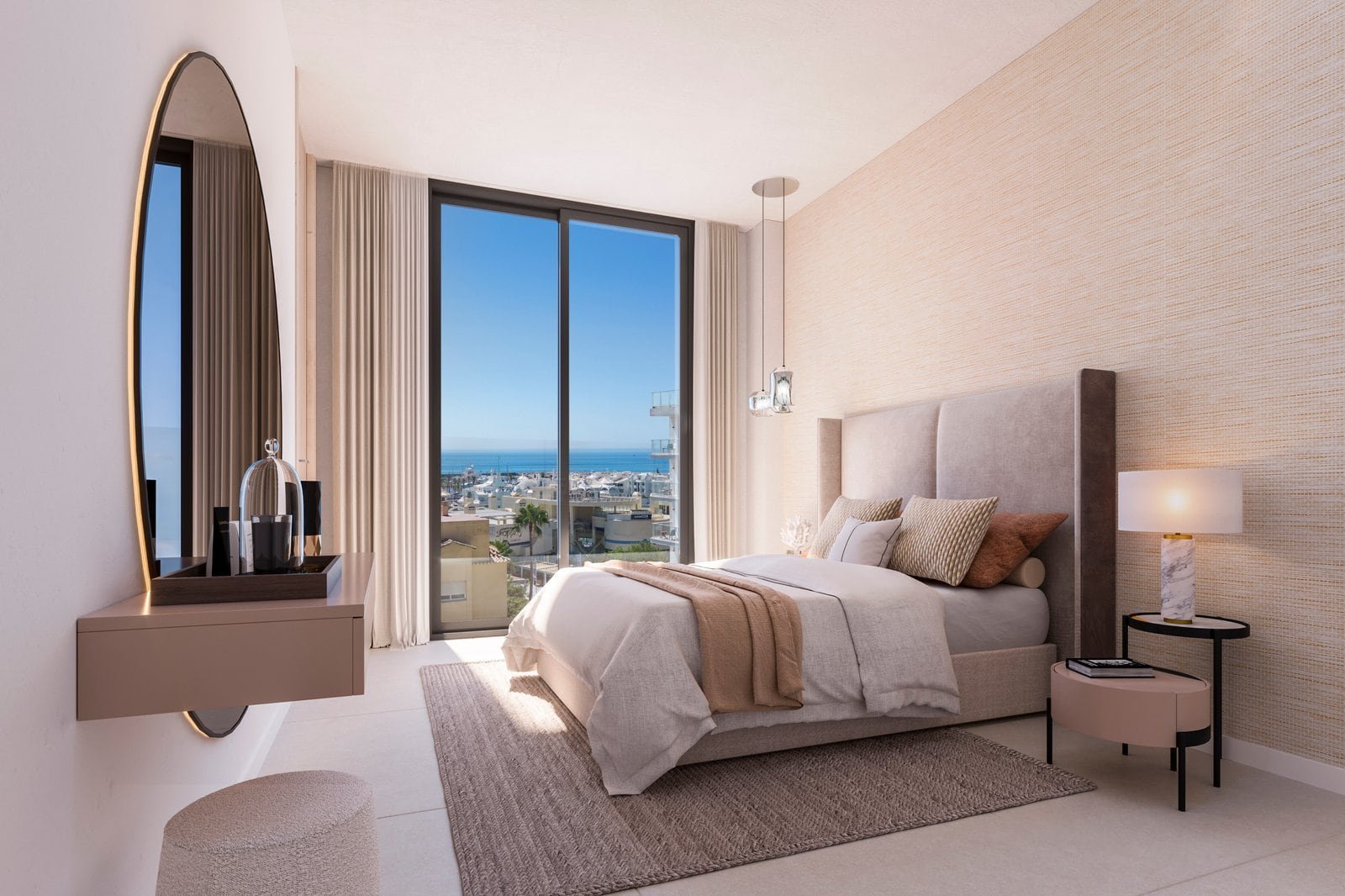 Seaside bedroom with large window overlooking Marina Golden Bay, Benalmádena Costa del Sol. Modern d.