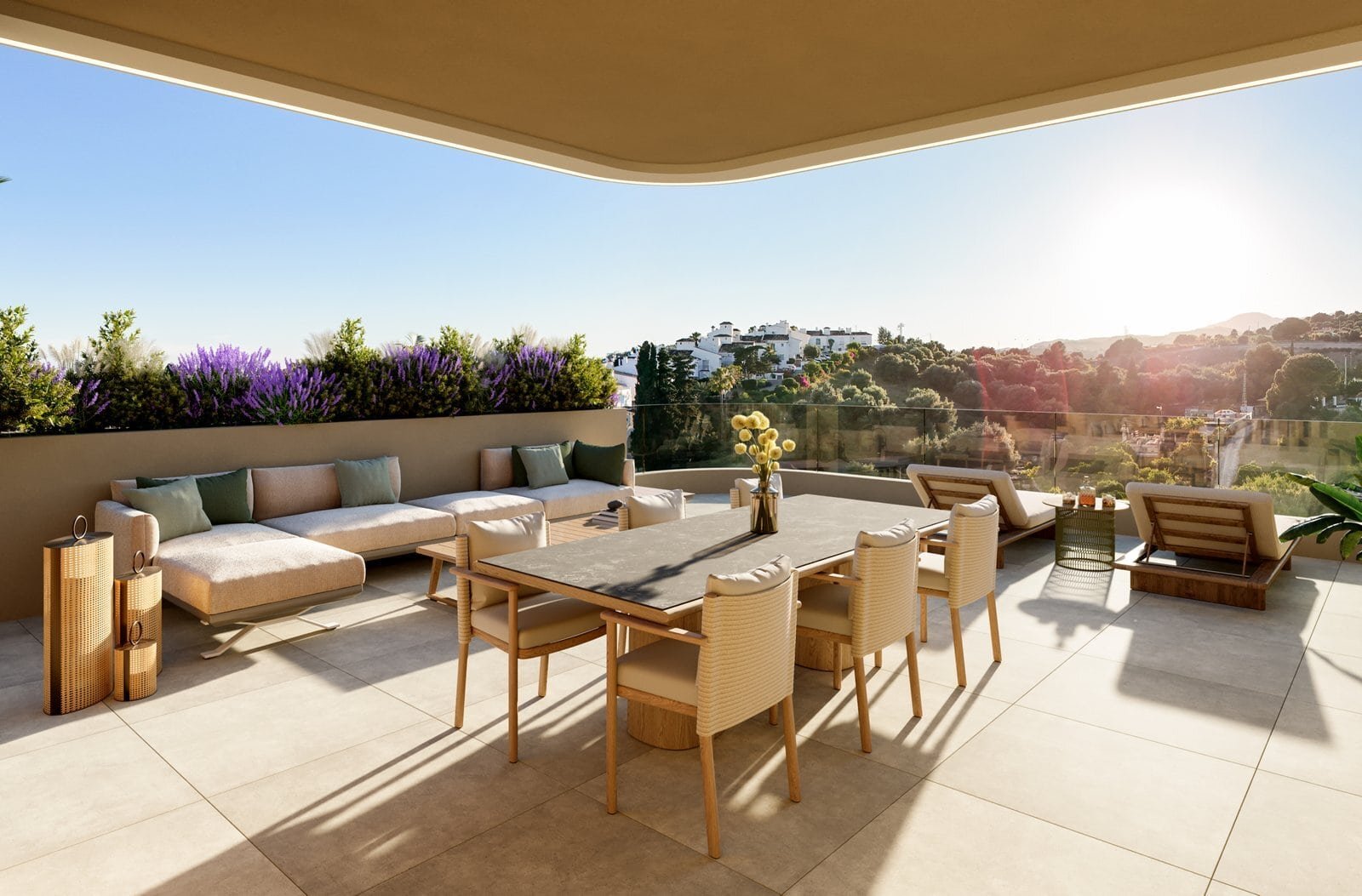 Spacious outdoor terrace with seating and panoramic Estepona views.