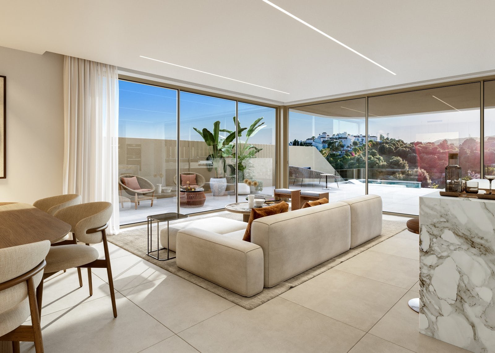 Elegant living room with large glass windows overlooking Estepona coastline.
