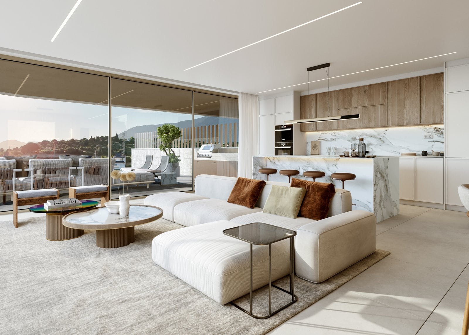 Bright living room with large glass windows overlooking the sea in Estepona.