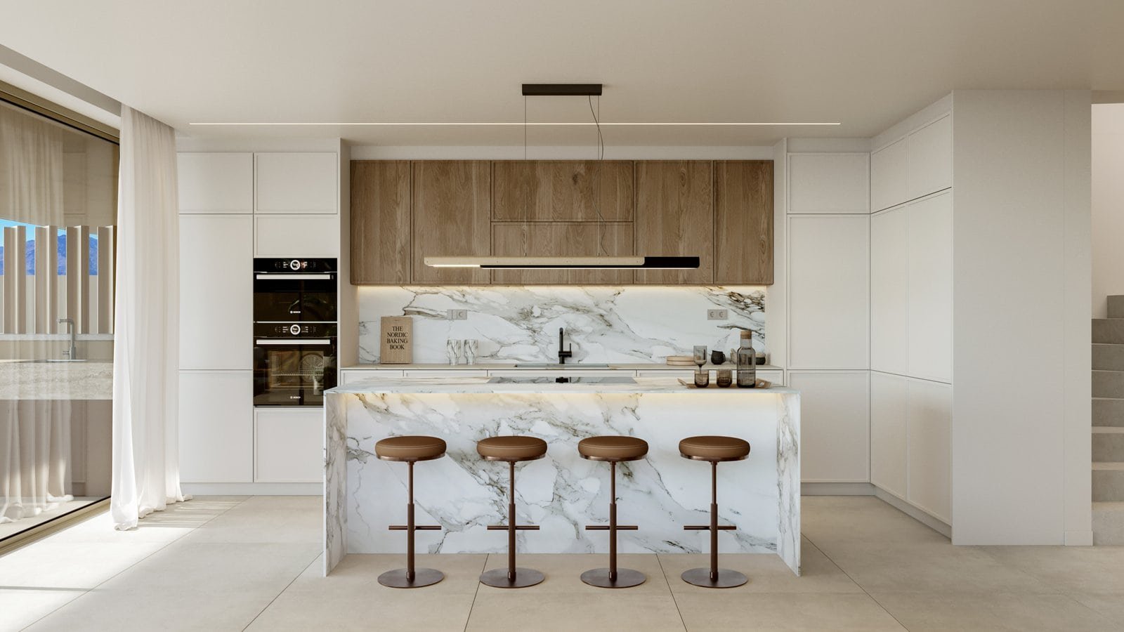 Modern kitchen featuring a marble island with four bar stools, sleek white cabinetry, and minimalist.