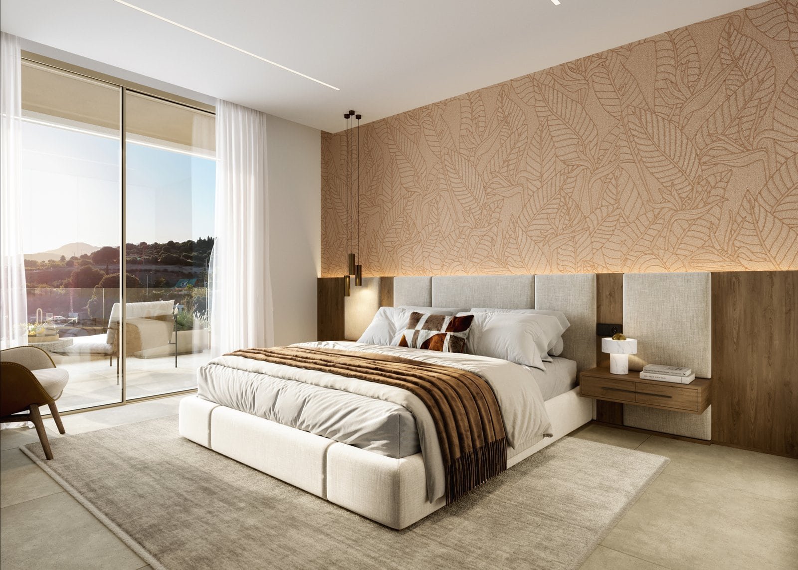 Modern bedroom with sea view in Estepona, featuring stylish decor and large windows for natural ligh.