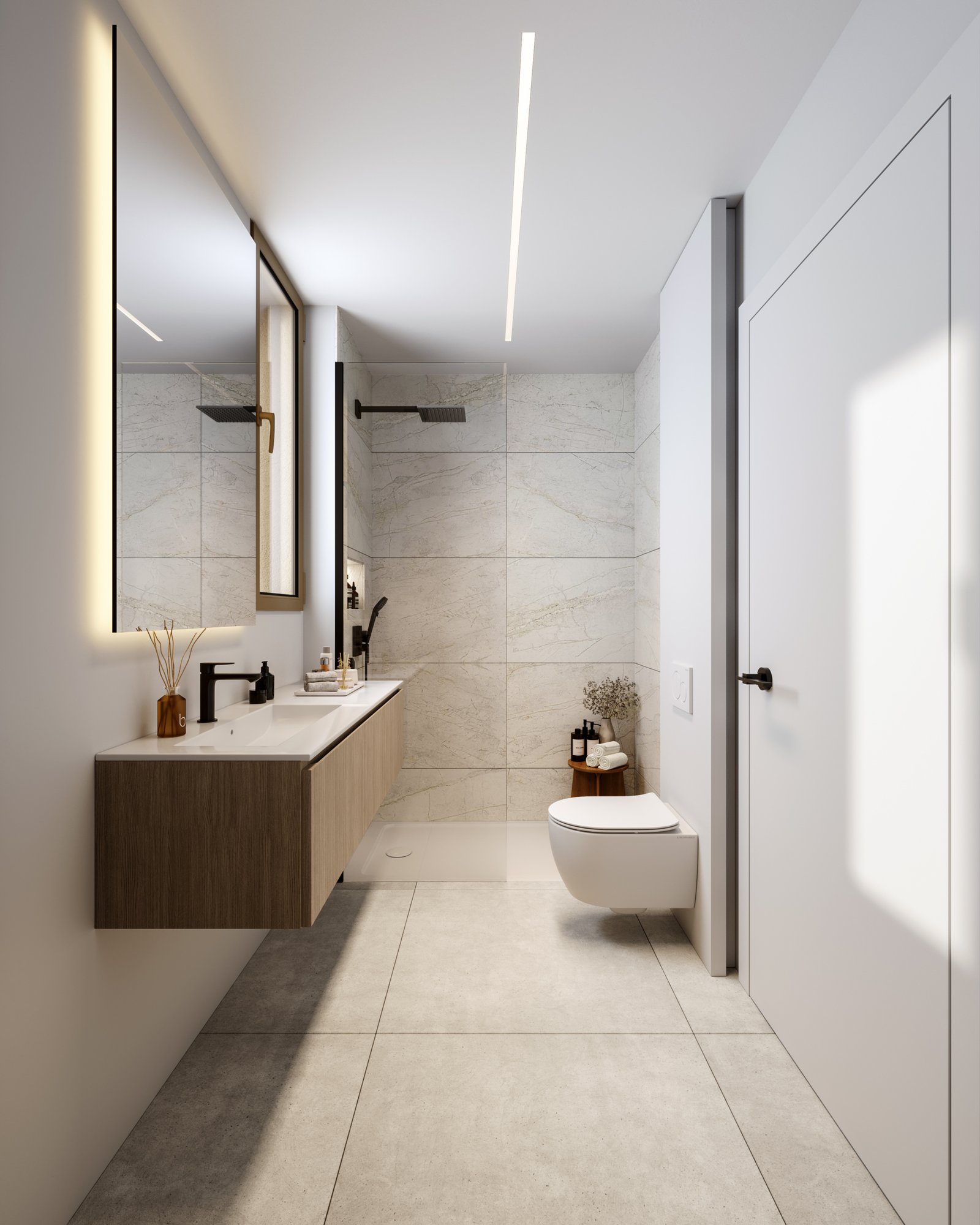 Elegant contemporary bathroom featuring a floating vanity, wall-mounted toilet, and stylish lighting.