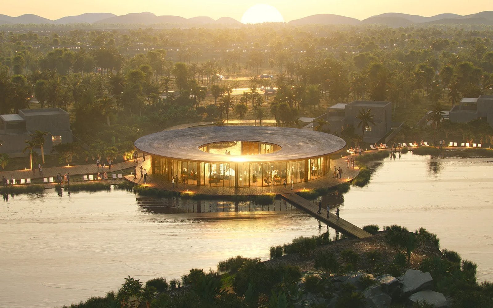 Modern lakeside pavilion at sunset in Punta Cana.