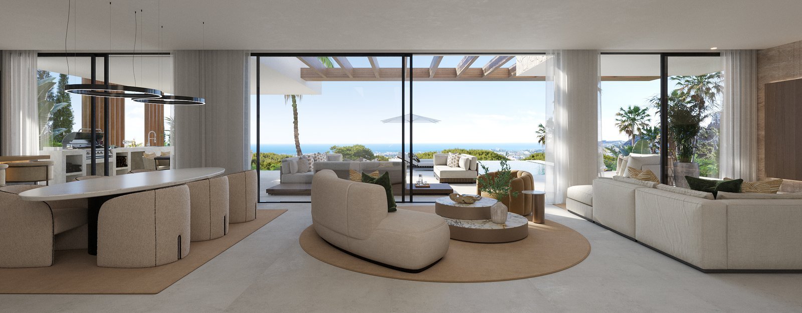 Luxury villa interior with panoramic sea views and modern furnishings.