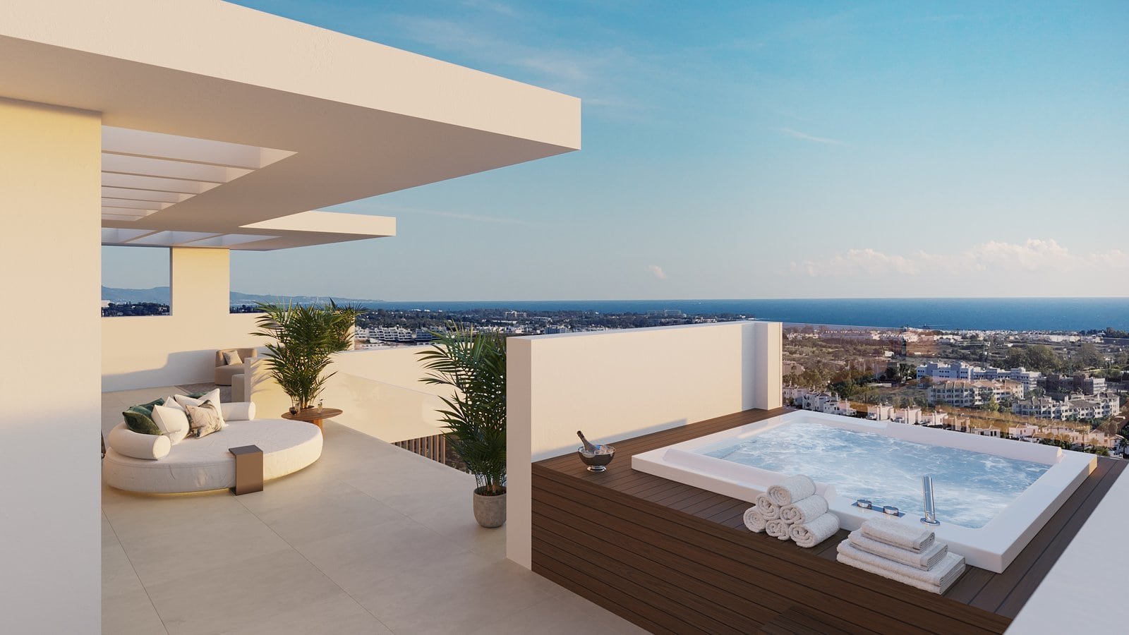 Modern terrace with hot tub and sea view at Ocyan Luxury Villas, Estepona.