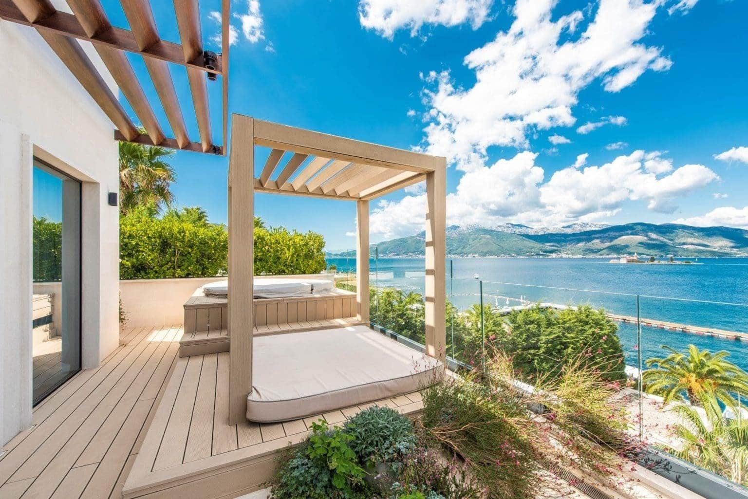 Stunning waterfront penthouse terrace with sea views in Tivat, Montenegro.