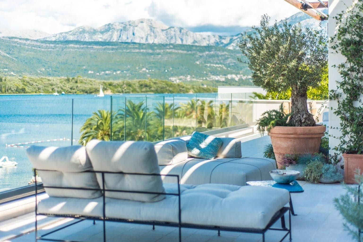 Waterfront terrace with panoramic views of Nikki Beach in Tivat, Montenegro.