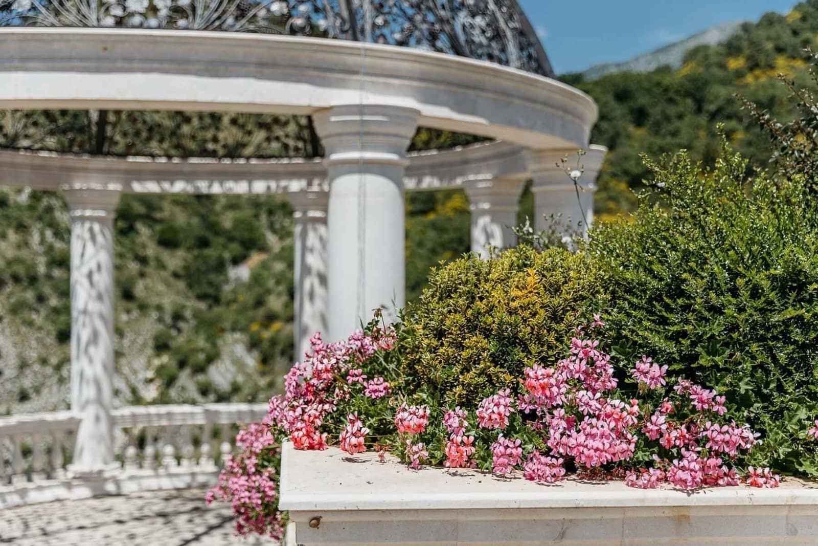 Beautiful garden scene featuring a white gazebo surrounded by lush greenery and colorful flowers.