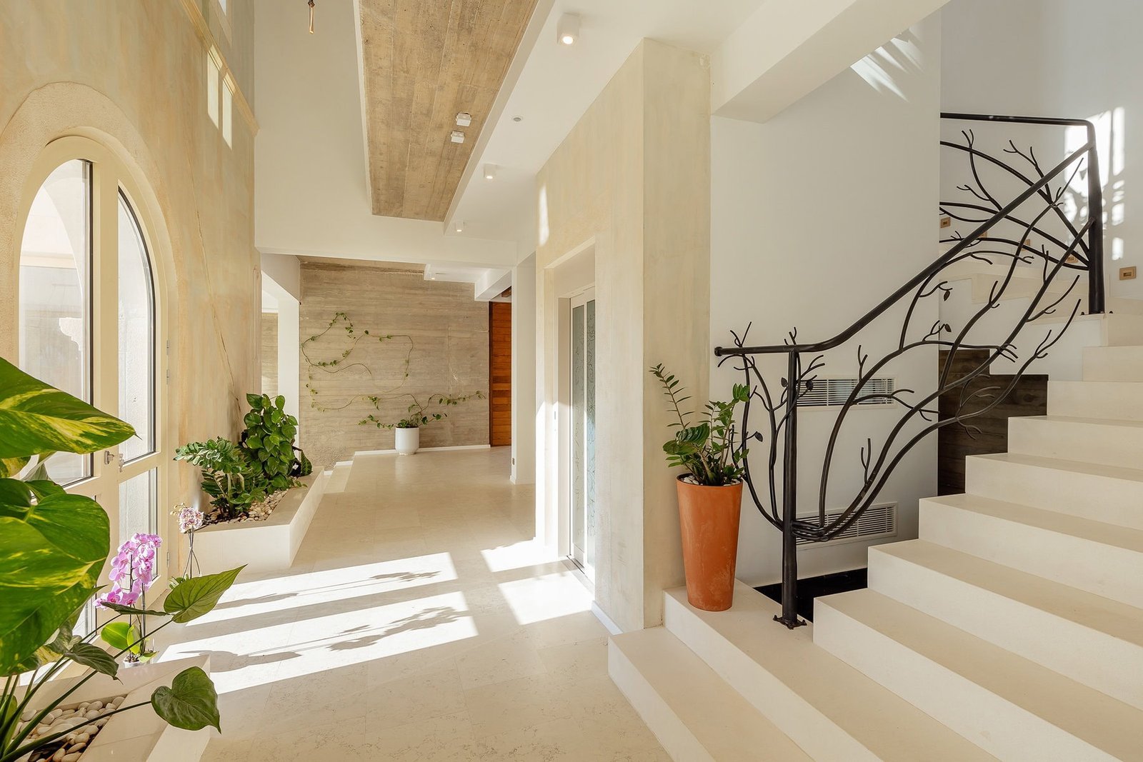 Luxury interior design with staircase, plants, and sunlight in a modern home.