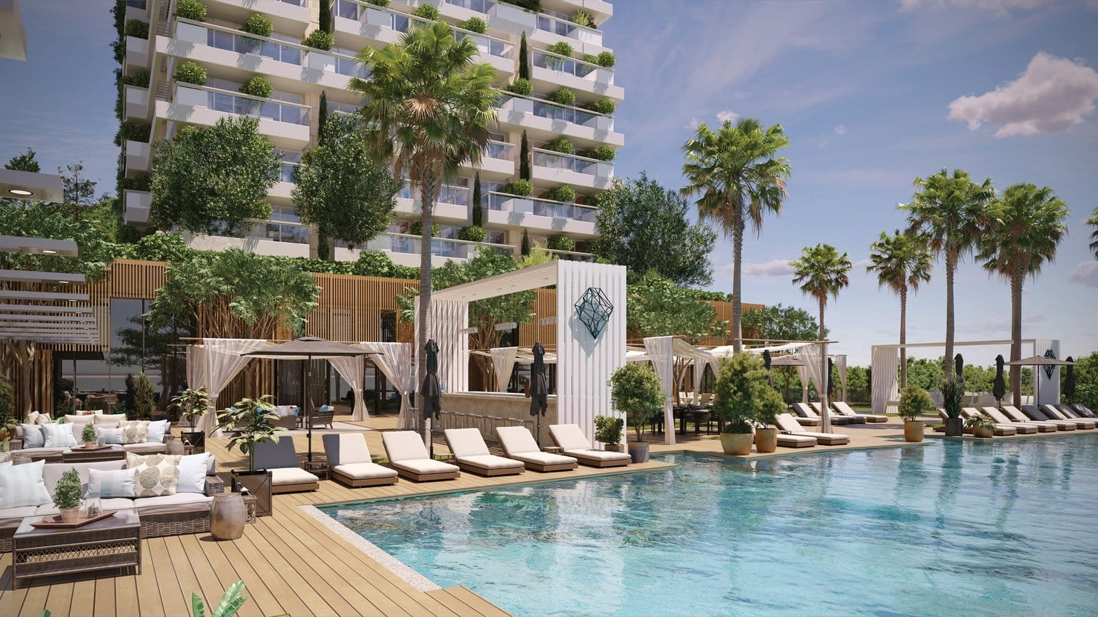Poolside lounge area with cabanas and sunbeds at Barok Estates International. Perfect for relaxation.
