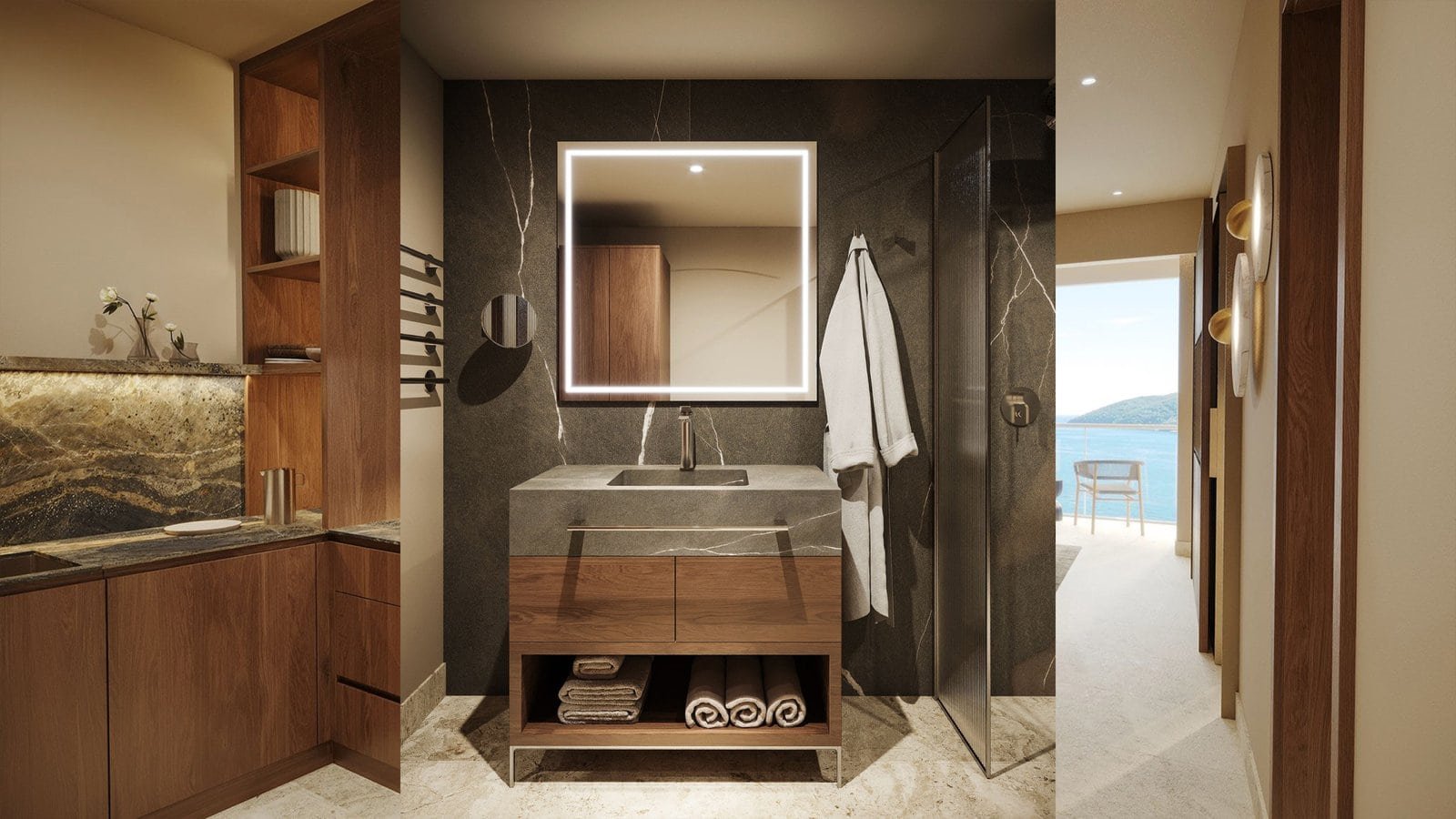 Luxury bathroom with modern fixtures and ocean view at Barok Estates International.