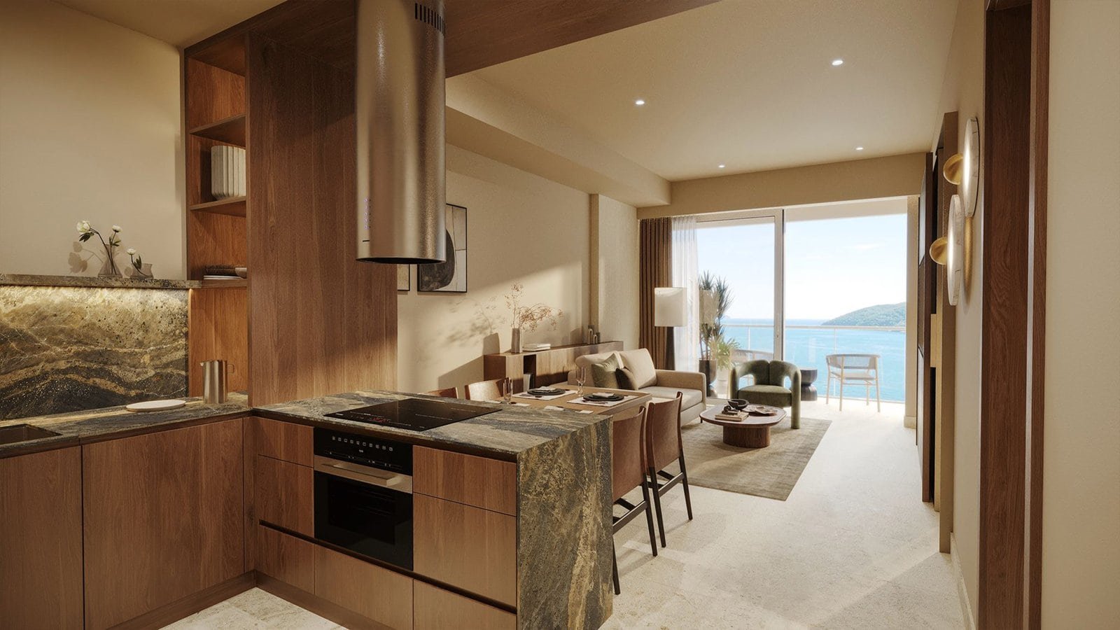 Ocean-view living room with balcony, modern interior, and natural light at Barok Estates Internation.