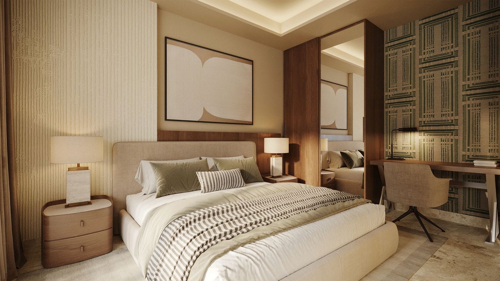 Elegant bedroom interior featuring contemporary design, cozy bedding, and sophisticated decor at Bar.