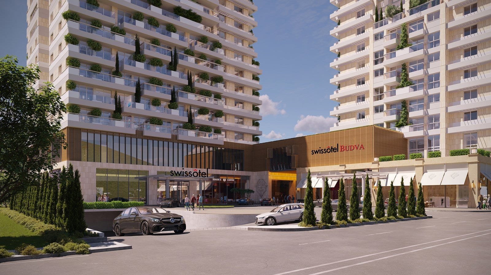 Modern residential and hotel complex with Swissôtel and Budva signage.