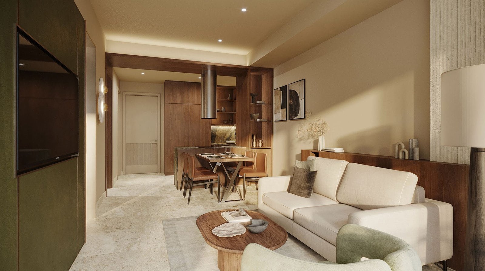 Modern luxury living room with open kitchen, elegant furniture, and contemporary design elements.