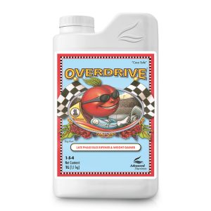 Vibrant tomato character on Overdrive plant fertiliser bottle, promoting healthy garden growth.