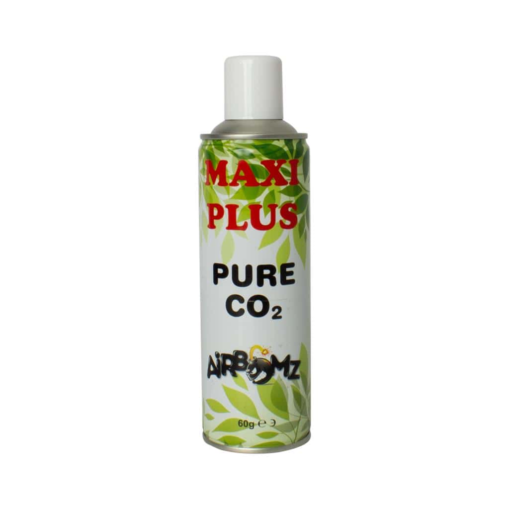 Aerosol spray can with green leaf design, labeled "Maxi Plus Pure CO2" for gardening use.