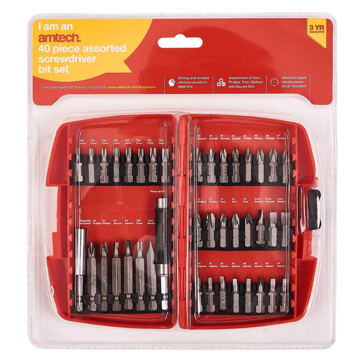 Amtech 40-piece screwdriver bit set, ideal for DIY gardening tools and equipment.