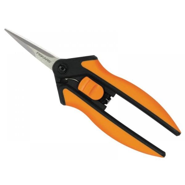 Gardening pruning scissors with orange and black handles for precise garden maintenance.