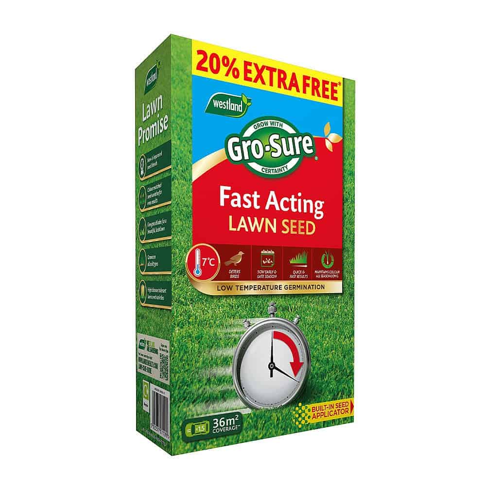 Lawn seed packet with promotional offer, fast germination, and low temperature germination feature.