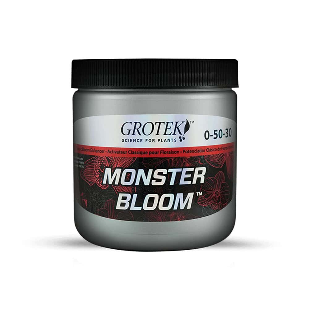 Vessel of Grotek Monster Bloom fertiliser for plant growth and flowering.