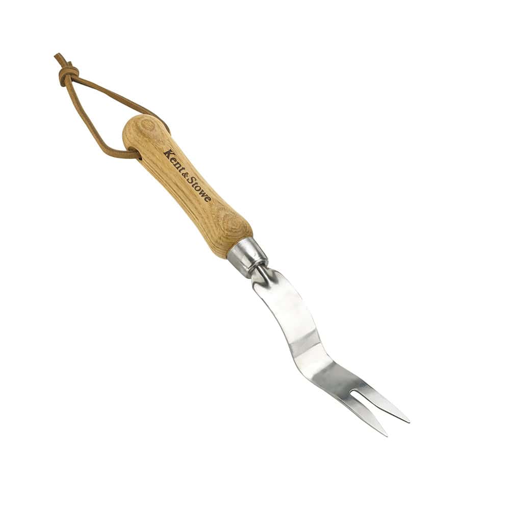 Sharp gardening hori-hori knife with wooden handle and strap, ideal for planting and weeding.