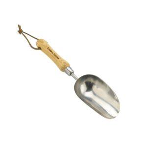Stainless steel garden scoop with wooden handle for gardening and horticulture.