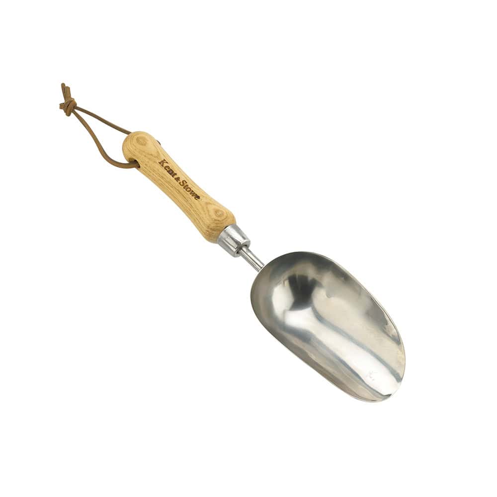 Stainless steel garden scoop with wooden handle for gardening and horticulture.