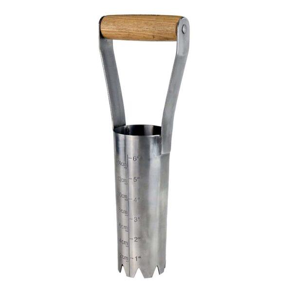 Stainless steel planting tamper with wooden handle for gardening projects.
