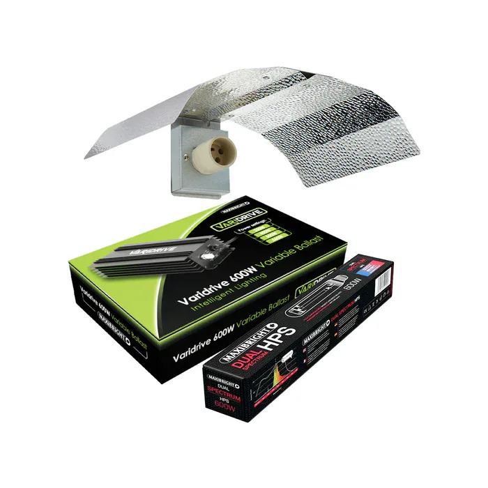 Flexible horticulture lighting ballast with reflector for plant growth, compatible with 600W grow lamps.