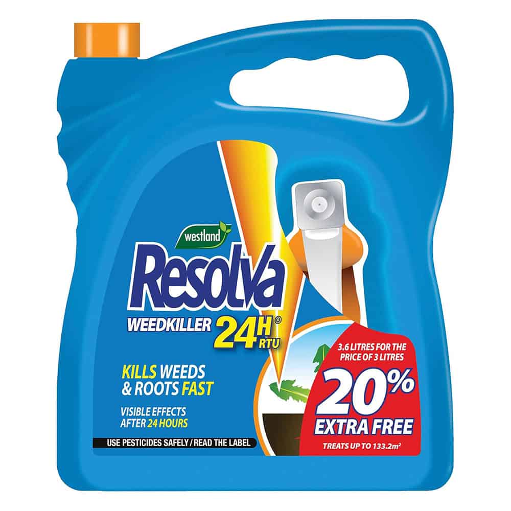 Glyphosate weed killer, 3.6L, for fast weed and root destruction, available at Bayton Horticulture Centre.