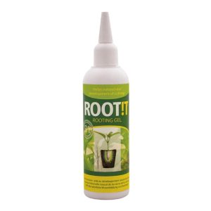 Bright green and white bottle of plant root rooting gel with plant illustration, used for plant growth at Bayton Horticulture Centre.