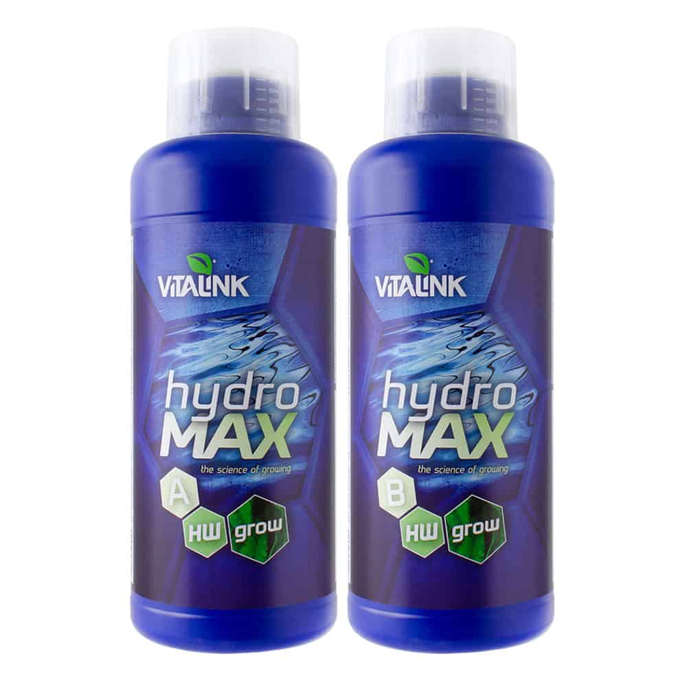 VITALINK Hydro MAX plant fertiliser bottles for healthy plant growth, two blue bottles with labels.