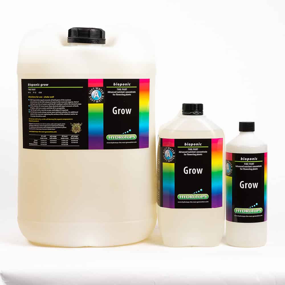 Bioponic Grow fertiliser bottles in different sizes, gardening supplies, horticulture products.