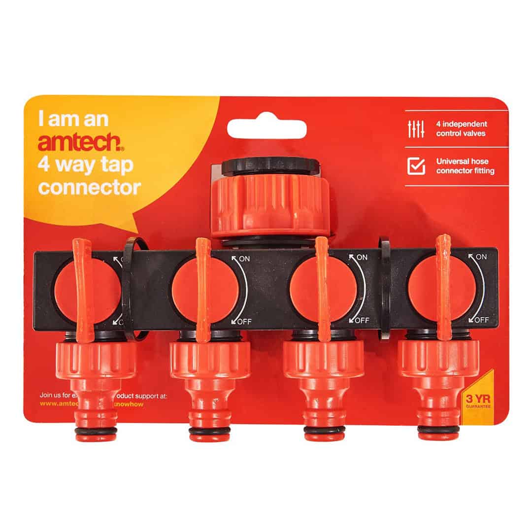 4 way tap connector for garden irrigation and watering systems, quick and easy to install.