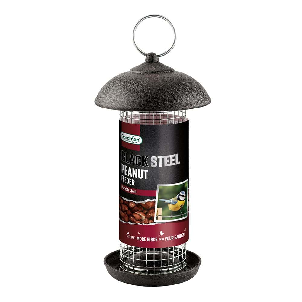 Black steel peanut bird feeder for garden bird feeding, attracting more birds to your garden.