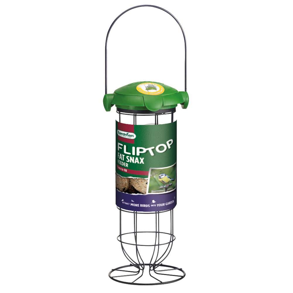 Garden bird feeder with Fliptop Fat Snax seed dispenser for attracting more birds to your garden.