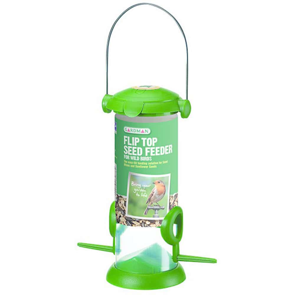 Bright green garden seed feeder for wild birds at Bayton Horticulture Centre, ideal for garden bird feeding.