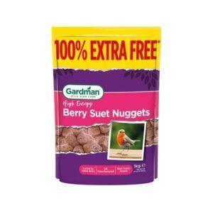 Bird seed packaging with berry suet nuggets, high energy feed for small birds, 1kg.