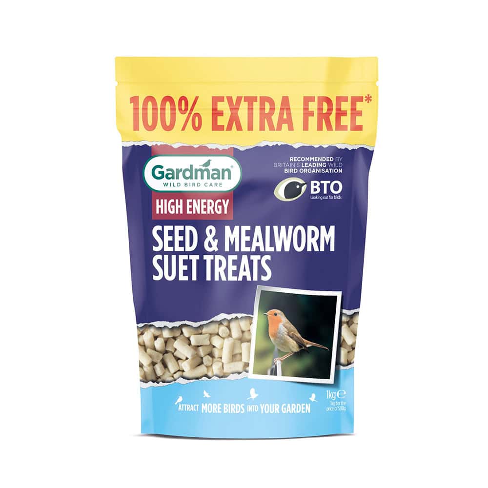 High energy garden bird seed and mealworm suet treats for attracting birds.