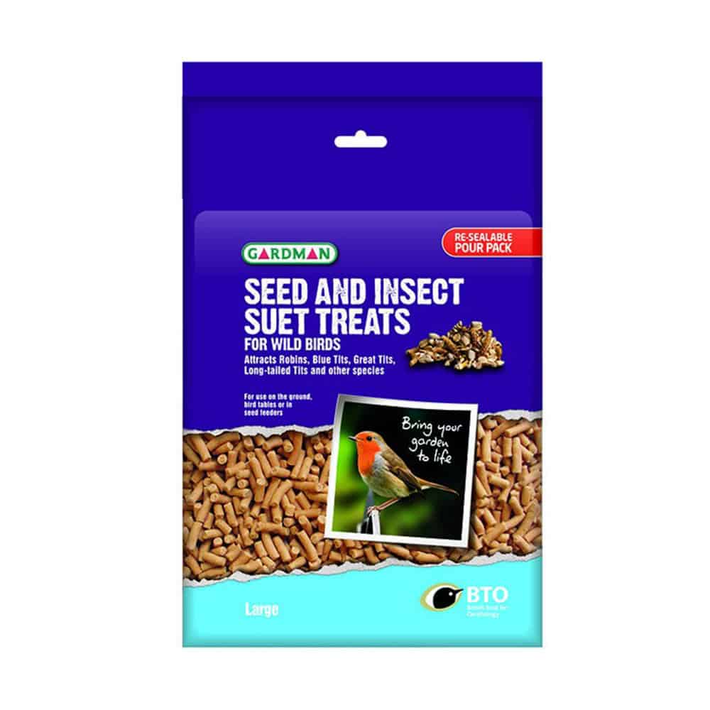Seed and insect suet treats for wild birds, bird food for garden bird feeders, attract robins and blue tits.