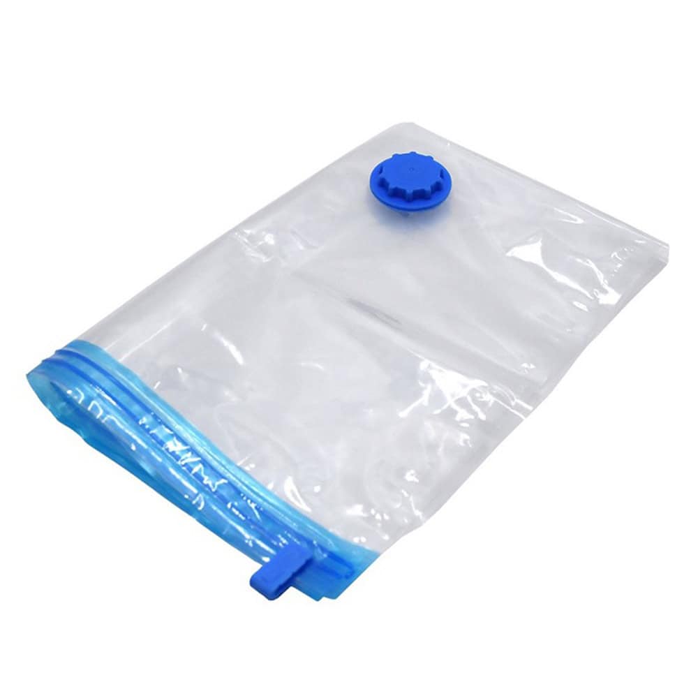 Clear plastic garden bag with blue sealing clip for plant transport and storage.