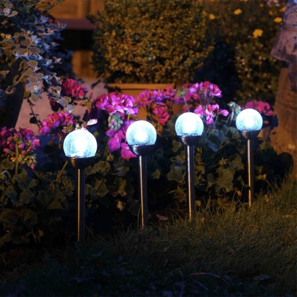 Solar garden lights illuminating flower beds at Bayton Horticulture Centre.