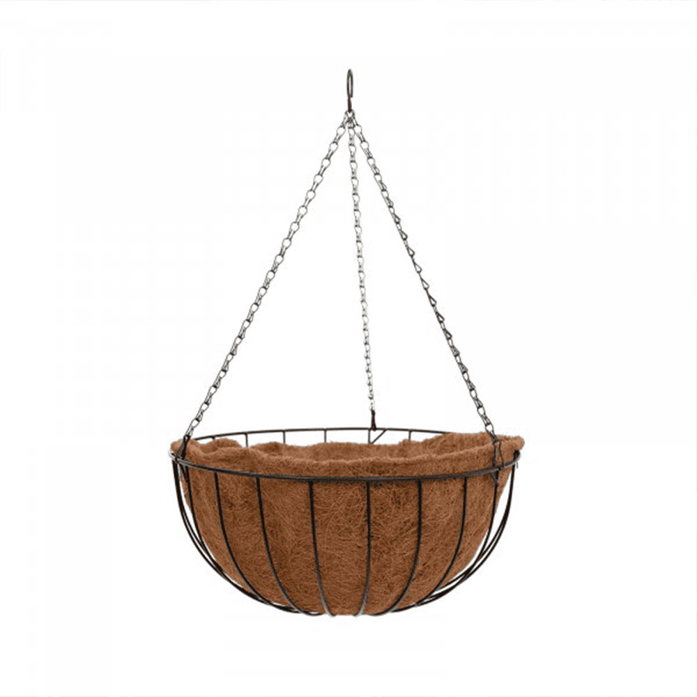 Hanging wire basket with coconut fibre liner for gardening and plant display.