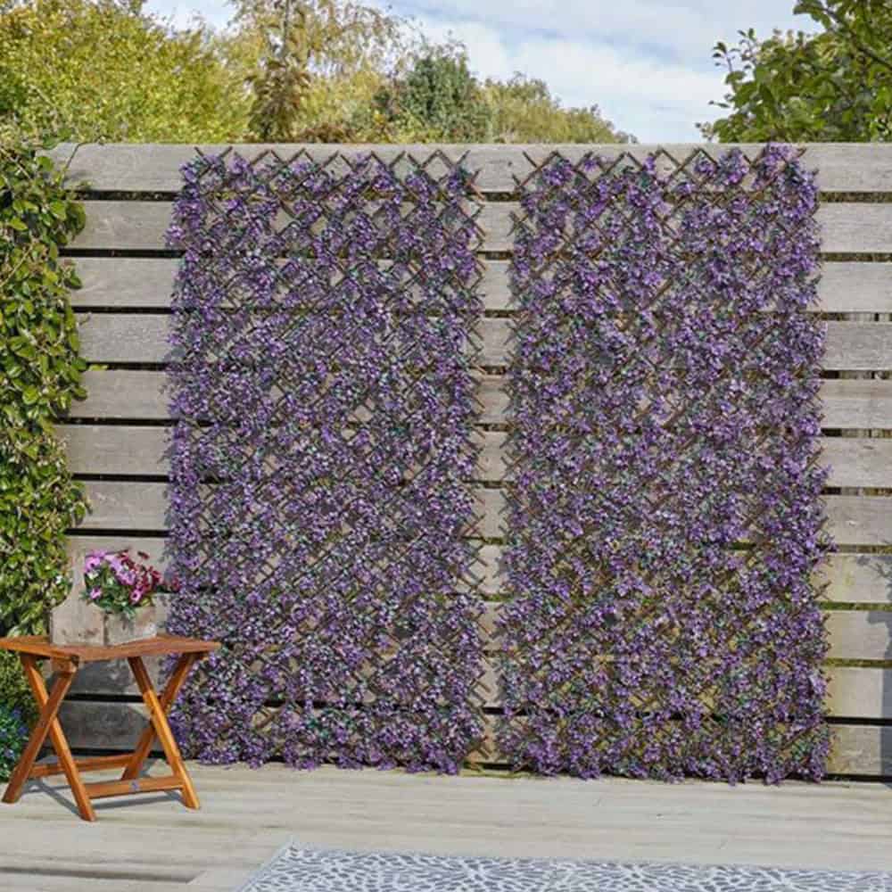 Purple flowering vertical garden at Bayton Horticulture Centre.