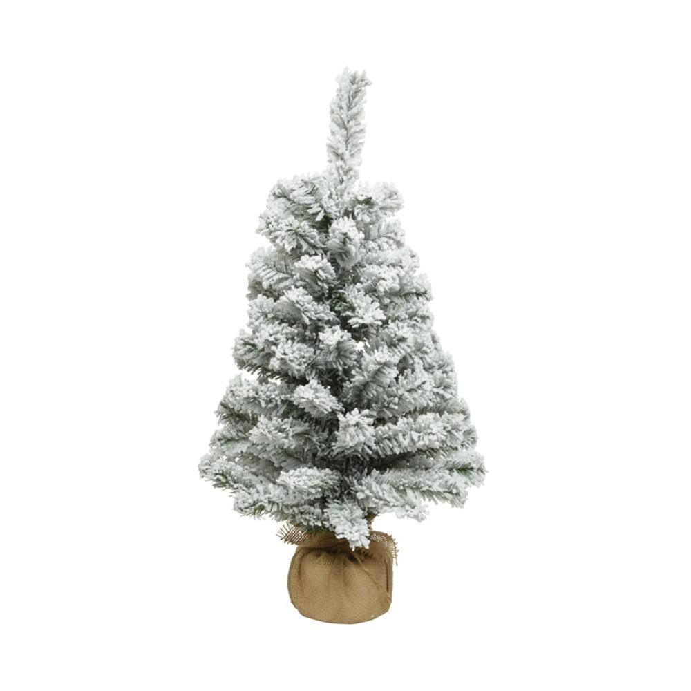 Frosted artificial Christmas tree in a burlap sack for holiday decor, ideal for festive garden and patio displays.