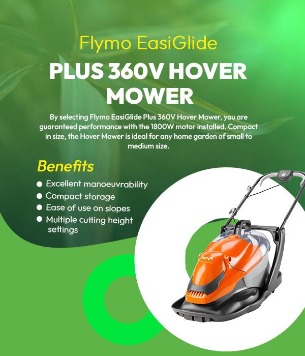 Elykyo EasiGlide Plus 360V Hover Mower, green background with product details and image of orange hover mower.