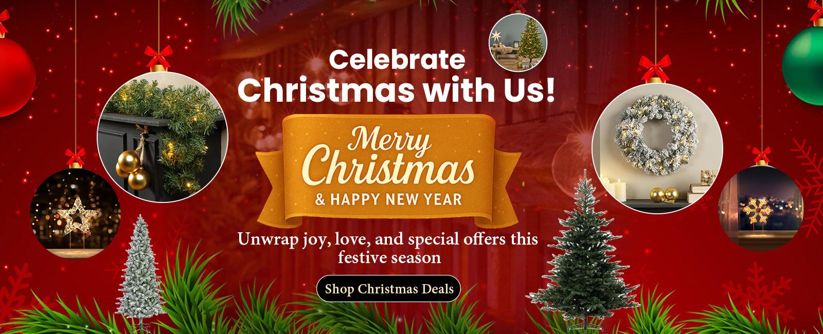 Festive Christmas decorations from Bayton Horticulture Centre with hanging baubles and lights.