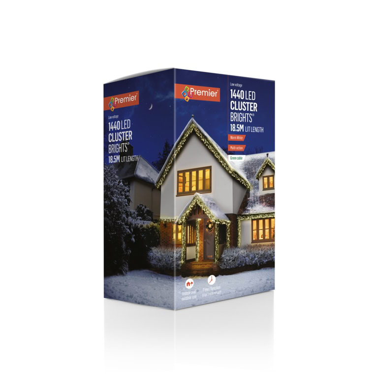 1440 LED cluster Christmas lights on a house, festive outdoor holiday lighting, Bayton Horticulture Centre product showcase.